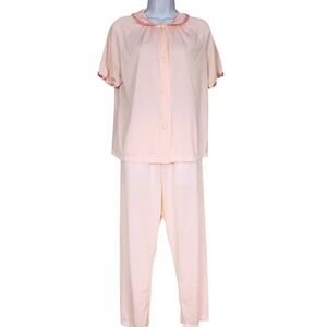 Vintage Womens M Pajamas Pink Floral Short Sleeve Top Bottom 2 Pc Set
